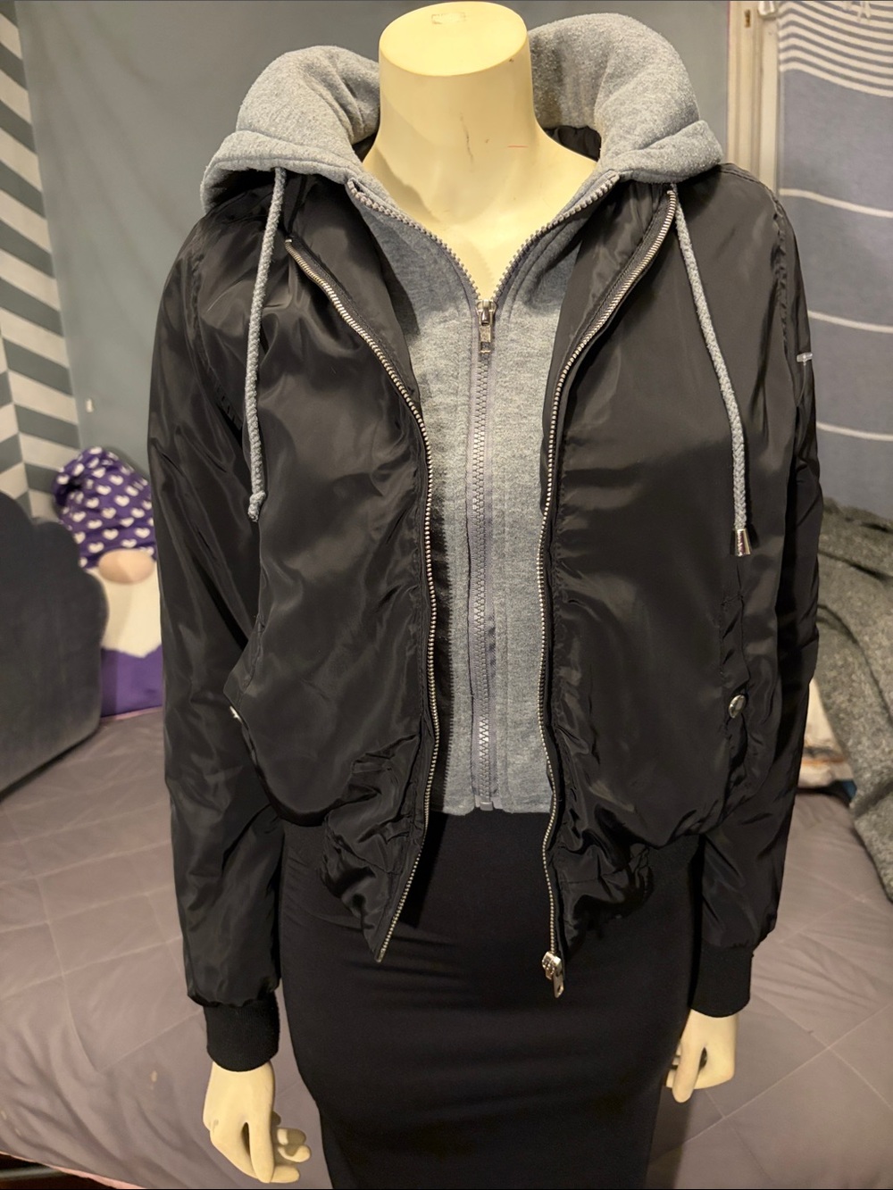 Black Bomber Jacket with Gray Hooded Layer